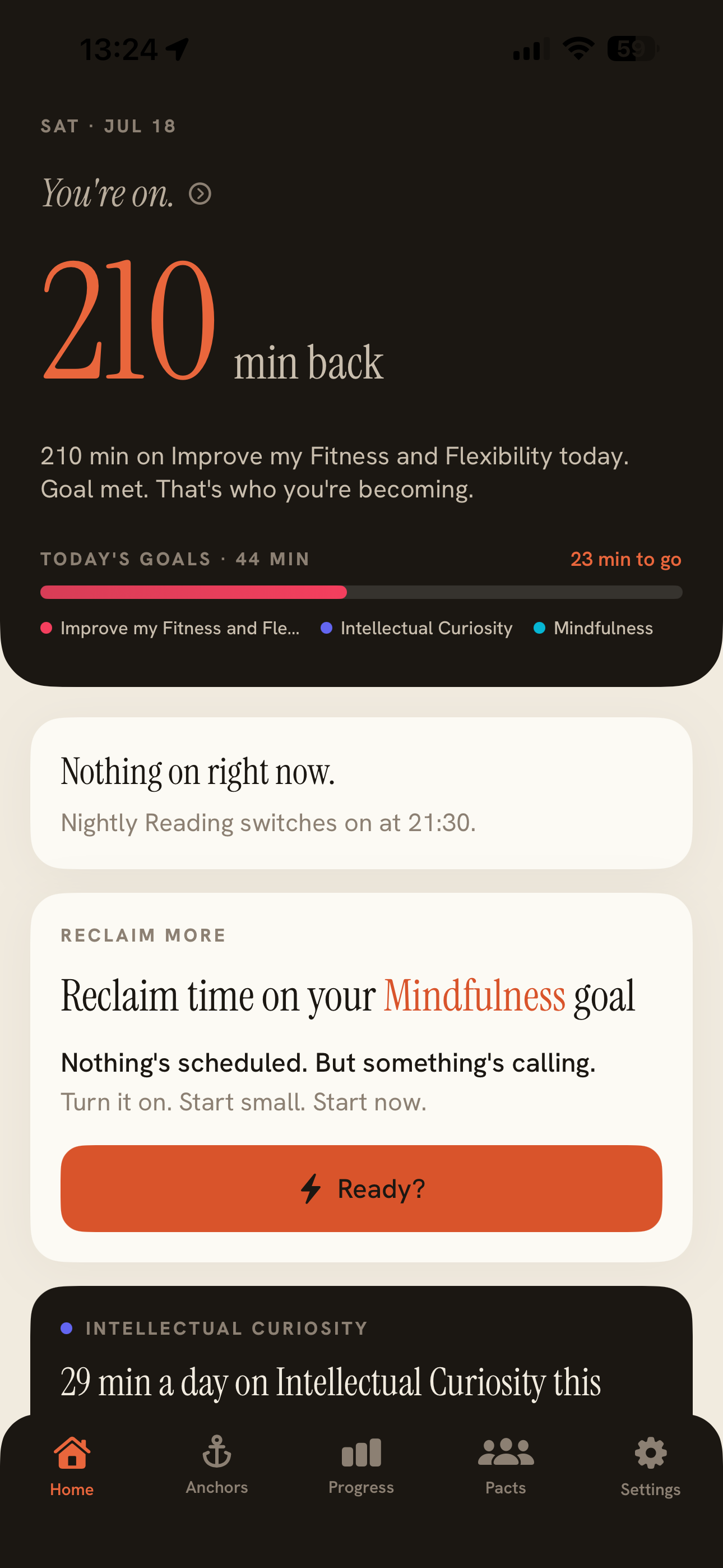 ReclaimOn home screen showing 210 minutes reclaimed today toward a fitness goal